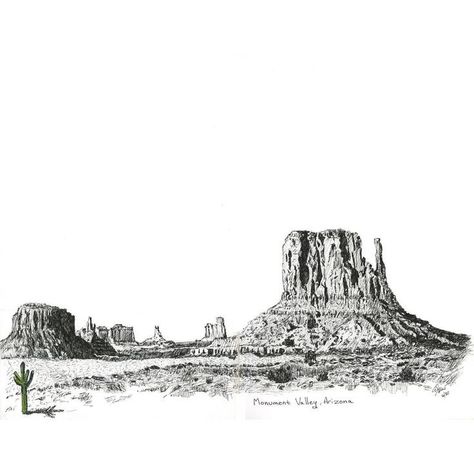 Land Scape Tattoo, Southwestern Drawing, Western Landscape Drawings, Arizona Inspired Tattoos, Monument Valley Tattoo, Wild West Drawing, Desert Landscape Drawing, Arizona Drawing, Wild West Tattoo