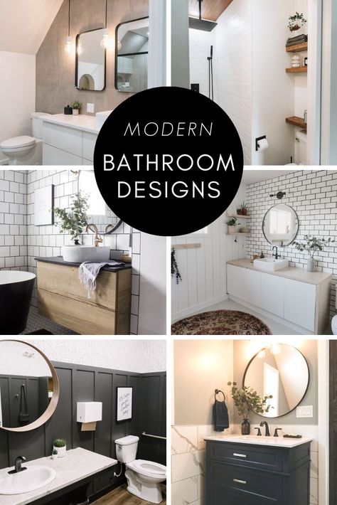 Gorgeous modern bathroom designs! Stunning bathroom remodel ideas, including custom vanities, tile work, wet baths, freestanding tubs, and more! Gorgeous bathrooms in every style, from contemporary to boho, to vintage, to farmhouse, and traditional. Inspiration for any bathroom, from a small bath, to a wet bath, ensuite, or kids bathroom! Traditional Bathroom Vanity Ideas, Bathroom Tub Tile Ideas Modern, Hotel Bathroom Design Modern, Black And White Bathroom With Wood Accents, Bathroom White Tiles Black Fixtures, Black And White Tile Guest Bathroom, Black And White Spa Bathroom, Bathroom Decor Black And White Tile, Modern Bathroom Black And White