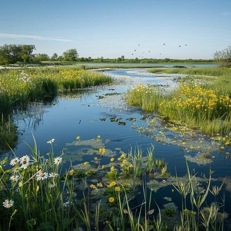 Nestled under the expansive blue sky, this peaceful wetland serves as a sanctuary for various wildlife. The water's surface, mirroring the heavens above, is speckled with aquatic plants. Wildflowers, like daisies and buttercups, add splashes of white and yellow around the water's edge, inviting a sense of calm and serenity. The presence of birds in flight enhances the vitality of the scene, reminding us of the delicate balance of ecosystems and the untouched beauty of nature. Wetland Aesthetic, Wetlands Aesthetic, Wetlands Photography, Wetland Biome, Wetland Animals, Aquatic Landscape, Wetland Plants, Thesis Presentation, American Drawing