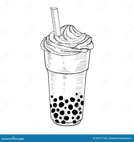 Bubble Milk Tea. Vector illustration of drink with boba pearls. Hand drawn clipart on isolated background. Linear drawing of tapioca cocktail. Outline sketch of asian cold beverage. Black line art. Boba Sketch, Tea Sketch, Tea Cup Drawing, Tea Vector, Cup Drawing, Black Line Art, Boba Pearls, Bubble Milk Tea, Drawing Clipart