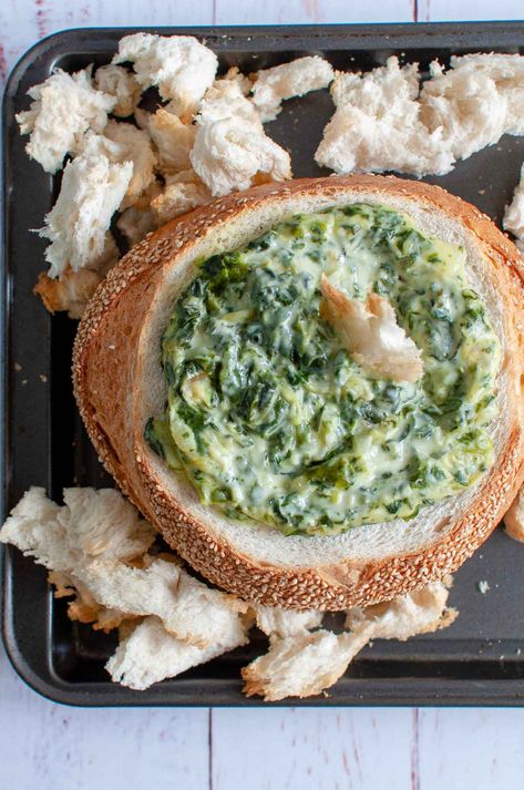 A delicious warm & crusty cob loaf with creamy cheesy spinach sauce.  Flavoured with garlic, basil, sea salt and pepper.  Make it in 20 minutes. #spinachdip #dip #cobloaf Clean Baking Recipes, Spinach Cob Loaf, Cob Loaf Dip, Clean Eating Baking, Cob Loaf, Beginners Bread Recipe, Pizza Bread Recipe, Creamy Spinach Dip, Spinach Sauce