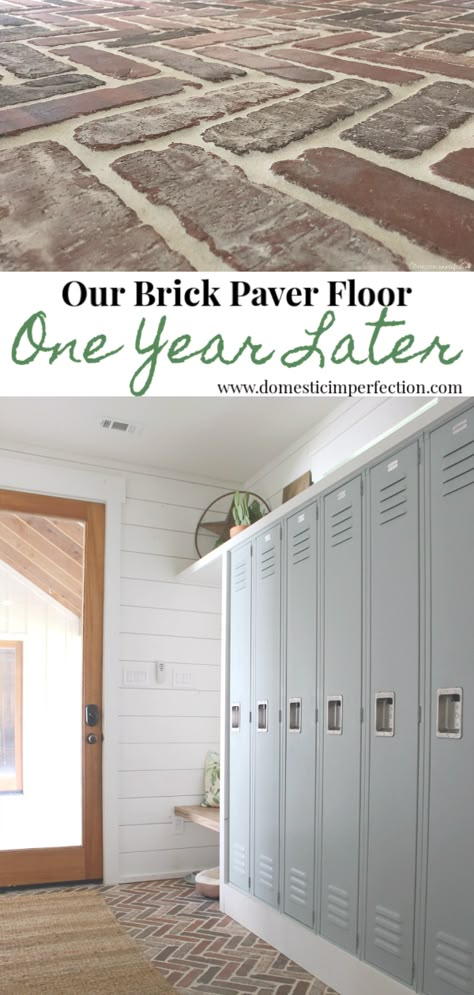 Brick Floors Mudroom, Brick Tile Floor, Home Renovation Loan, Brick Floors, Mudroom Flooring, Brick Floor, Architecture Renovation, Laundry Room Flooring, One Year Later