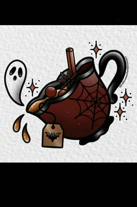 Halloween Simple Tattoo Ideas, Spooky Halloween Art Ideas, Spooky Tea Cup Tattoo, Gothic Tea Cup Tattoo, Spooky Teacup Tattoo, Buddhist Symbols Tattoos, Tattoo Ideas Pretty, Halloween Cider, Cute Horror Tattoo