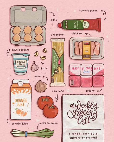 Food Ingredients Drawing, Grocery Doodles, Food And Drink Drawing, Food Ingredients Illustration, Recipe Book Drawing, Procreate Food Illustration, Cute Cooking Drawing, Food Doodles Aesthetic, Cooking Illustration Drawing