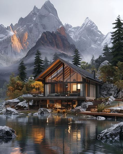 Cosy House Exterior, Mountain House View, Mansion Landscape, Houses In The Mountains, Cabin Fashion, House Near Lake, Modern Mountain Cabin, Mountain Dream Homes, Cosy Aesthetic