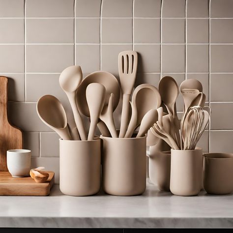 Modern Kitchen Utensils Set, Quality Kitchen Utensils, Neutral Aesthetic Kitchen Decor, Beige Aesthetic Kitchen Decor, Beige Kitchen Utensils, Kitchen Cookware Aesthetic, Aesthetic Cooking Utensils, Neutral Aesthetic Kitchen, Minimalistic Kitchen Aesthetic