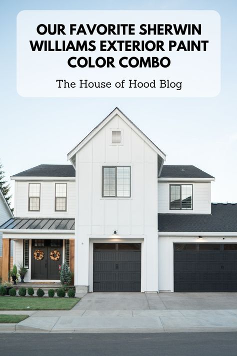 We are sharing our favorite combo for exterior paint to get the farmhouse look. Sherwin Williams Pure White with Tricorn Black accents give our home the perfect modern farmhouse feel! Pure White is the perfect white and we've tried a lot! #purewhite #sherwinwilliams #tricornblack #farmhousepaint #paintcolors #bestpaintcolors #modernfarmhouse Sherwin Williams Pure White, Sherwin Williams Exterior Paint Colors, White Home Exterior, White Exterior Paint Colors, White Farmhouse Exterior, Tricorn Black, White Exterior Paint, Paint Color Combos, White Modern Farmhouse