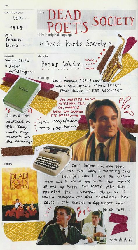 The Dead Poets Society, Sean Anderson, Cv Inspiration, Dead Poet Society, Movie Collage, Sean Leonard, Movie Journal, Oh Captain My Captain, Film Journal