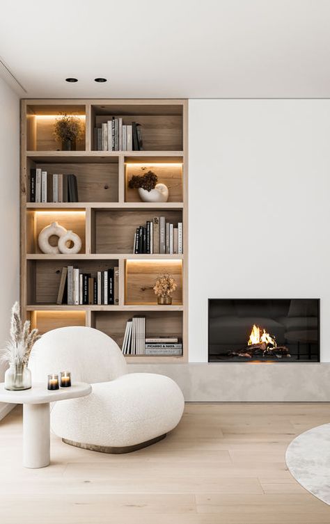 Living Fireplace Ideas, Middle Fireplace Living Room, Fireplace Flanked By Bookcases, Tv Beside Fireplace, Living Room Designs Fireplace, Living Room Design Fireplace, Living Room With Fireplace And Tv, Living Room Decor With Fireplace, Living Rooms With Fireplace