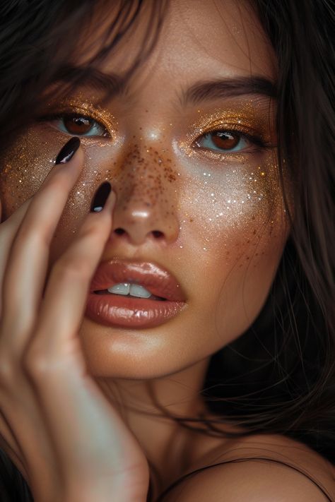 Golden Halloween Makeup, Gold Sparkle Eyeshadow, Leo Rising Makeup Looks, Golden Fairy Makeup, Gilded Glamour Makeup, Leo Rising Makeup, Golden Makeup Look Glam, Blind Goddess, Royalty Makeup