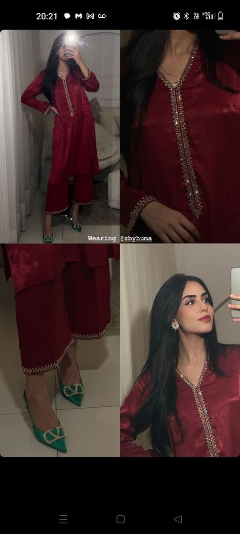 Simple Red Suit Design, Ideas For Eid Outfit, Fancy Dress Design Style Pakistani, Desi Pakistani Outfits, Red Suit Makeup Look Indian, Red Eid Outfit, Pakistani Red Suit, Red Dresses Pakistani, Aesthetic Desi Dress