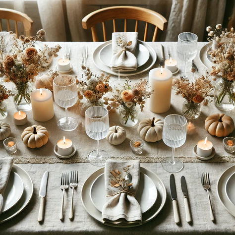 the Thanksgiving table is set with simple elegance. Neutral floral arrangements and soft candlelight create a peaceful ambiance for a memorable dinner gathering. Large Family Thanksgiving Table, Thanksgiving Aesthetic Table, Thanksgiving Table Spread, Thanksgiving Plate Setting, Fall Dinner Table Decor, Thanksgiving Plate Settings, Neutral Floral Arrangements, Dinner Gathering, Place Settings Thanksgiving