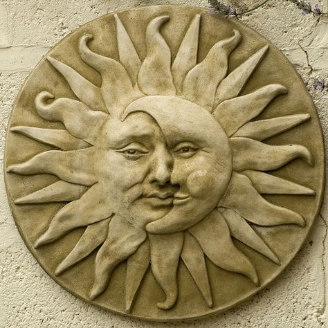 Garden plaque sun moon face - beautifully done Sun Face Art, Moon With Face, Garden Wall Plaque, Sun Faces, Ceramic Sun, Moon Faces, Sun Decor, Garden Plaques, Sun Face