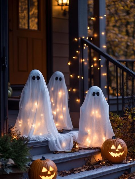 8 DIY Outdoor Halloween Decorations to Try This Year Easy Halloween House Decor, Ghost Lawn Decoration, Halloween Tailgate Decorations, Fun Halloween Yard Decorations, Halloween Decorations Driveway, Halloween Outdoor Ghosts, Halloween Steps Decor, Spooky Halloween Decorations Outdoor Easy Diy, Halloween Ideas Outdoor