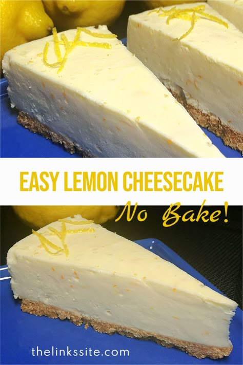 This no bake lemon cheesecake recipe is so simple to prepare. It is sure to be a hit with the whole family! thelinkssite.com #cheesecake #lemoncheesecake Lemon Jelly Cheesecake, Easy Cheese Cakes Recipes Classic, Small Lemon Cheesecake, Lemon Deserts Ideas, No Bake Lemon Cheesecake Recipes, Cheese Cakes Recipes Easy No Bake, Cheesecake No Bake Recipes, Easy No Bake Lemon Cheesecake, Lemon No Bake Cheesecake