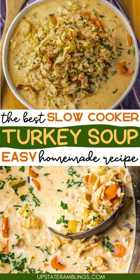 Slow Cooker Turkey Soup Turkey Bisque Soup, Soup Recipes Turkey Meat, Turkey Pot Pie Soup Crockpot, Turkey Soup From Carcass Recipes Slow Cooker, Turkey Soup From Carcass Recipes With Barley, Whole 30 Turkey Soup, Orzo Turkey Soup, Thanksgiving Turkey Soup Recipes, Cream Of Turkey Soup Recipe Crock Pot