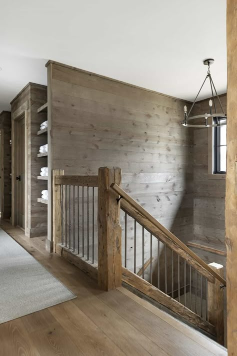 Lake House Vibes, Modern Cabin Staircase, Rustic Open Staircase, Barndo Stairs, Rustic Cabin Staircase, Open Stairs To Basement, Barnwood Staircase, Cabin Railing, Rustic Railings For Stairs Loft