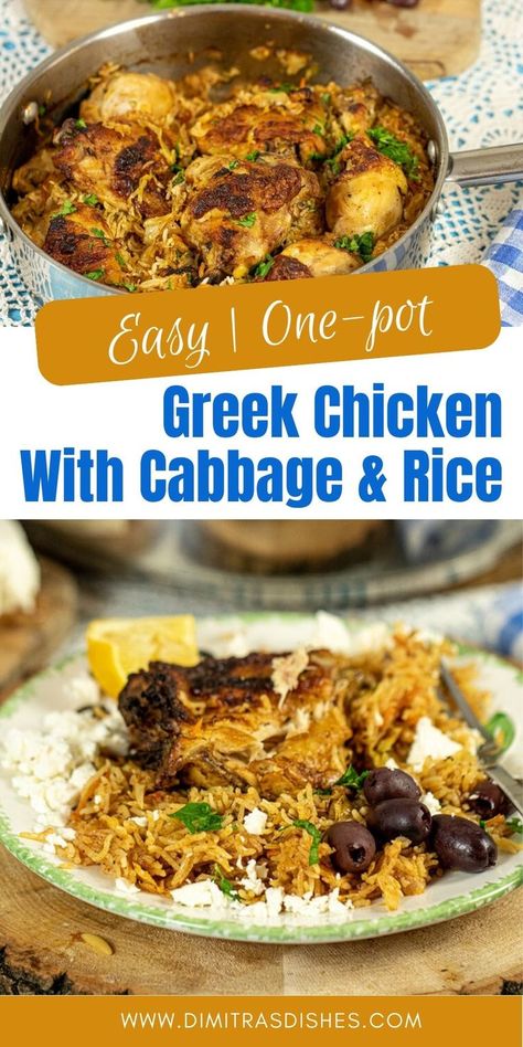 Easy & delicious chicken with cabbage and rice in one skillet. Greek Chicken With Rice Recipes, Chicken Thigh And Cabbage Recipes, Greek Chicken And Rice, Cabbage And Chicken Recipes, Chicken And Cabbage Recipes, One Pan Chicken And Cabbage, One Pot Greek Chicken With Lemon Rice, Greek Chicken And Lemon Rice Julia, One Skillet Greek Lemon Chicken And Rice