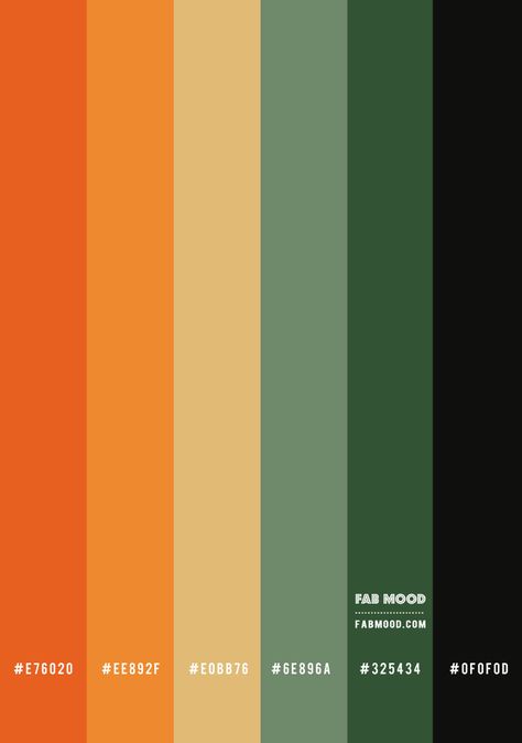 color hex, green and orange papaya, green and burnt orange, green and terracotta color scheme, autumn color palette #colorpaltte #colorscheme Flat Color Palette, Orange Palette, Orange Color Schemes, Orange Color Palettes, Color Design Inspiration, Hex Color Palette, Color Palette Yellow, Red Color Schemes, Red Colour Palette