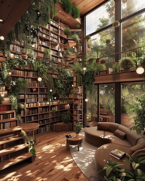 Library With Ladder Aesthetic, Cottage Core Library Aesthetic, Large House Library, Library Room With Plants, Romantic Home Library, Library With Big Windows, Library Core Aesthetic, House Library Ideas Cozy, Cozy Green Library