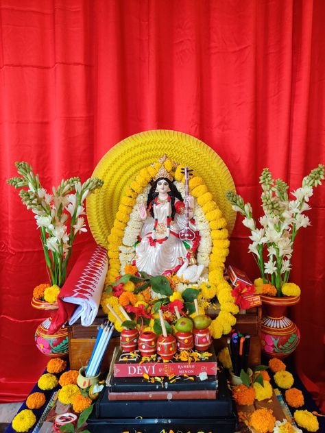 Lokkhi Pujo Decoration, Saraswati Puja Decoration Ideas At Home, Saraswati Puja Decoration At Home, Saraswati Pujo Decoration, Laxmi Puja Decoration At Home, Saraswati Puja Decoration Ideas, Saraswati Puja Decoration, Durga Puja Decoration, Kulo Art