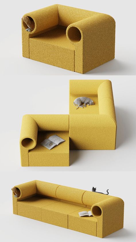 Modular Aisle Sofa Doubles as Play Tunnel Addressing Your Cat’s Curiosity Modular Furniture Design, Pet Friendly Furniture, Cat Furniture Design, Modular Sofa Design, Play Tunnel, Modular Chair, Soft Furniture, Enjoy The Moment, Modern Sofa Designs