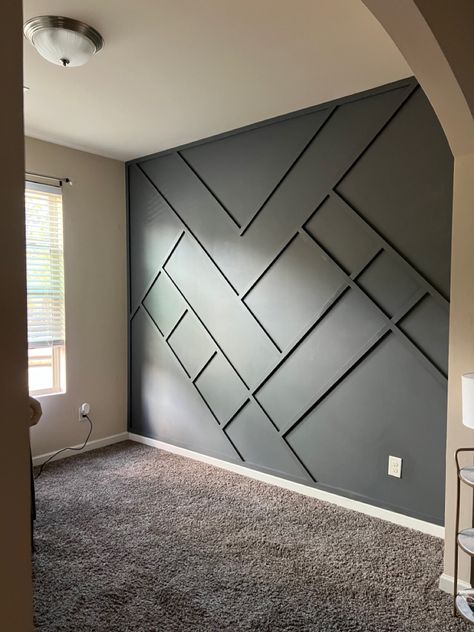 Custom feature wall in Behr’s “Dark Ash” matte finish. Trim Wall Design, Unique Wall Design, Yellow Bed, Dance Studio Design, Trim Wall, Grey Accent Wall, Wall Accents Decor, Accent Wall Designs, Wall Tv Unit Design