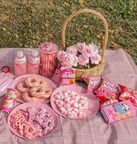 Pink Picnic Birthday, Pink Themed Picnic, Pink Snacks Aesthetic, Pink Picnic Food Ideas, Pink Picnic Food, Preppy Picnic Birthday Party, Pink Picnic Birthday Party, Picnic Girls Party, Cute Picnic Party