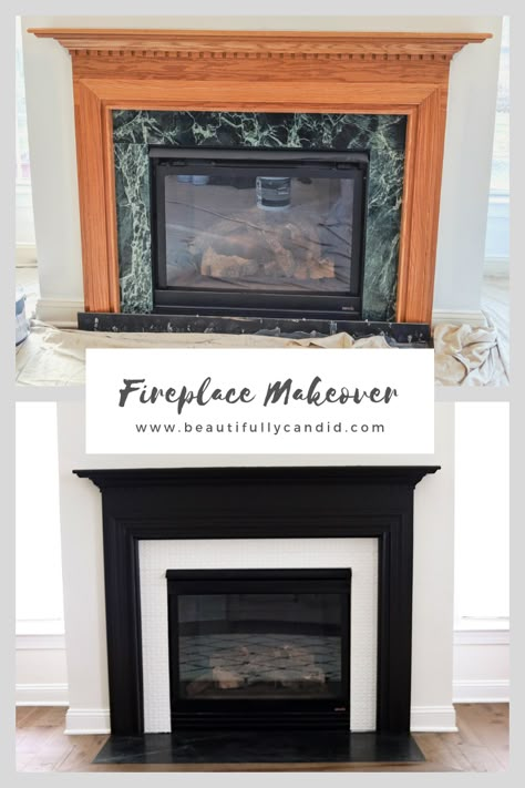 Renovate Fireplace Ideas, Glam Fireplace Makeover, Affordable Fireplace Makeover, Repainting Fireplace Mantle, Update Traditional Fireplace, Masonry Fireplace Makeover, Black Craftsman Fireplace, Refinishing A Fireplace, Paint Mantle Black