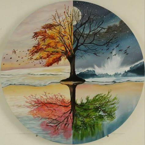 4 Season Tree Art, 4 Seasons Landscape, Four Season Painting Ideas, The Four Seasons Art, Seasons Paintings On Canvas, Seasons Changing Art, 4 Seasons Drawing, Four Seasons Drawing, 4 Seasons Tattoo