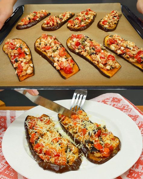 Roasted Eggplant with Mozzarella, Cherry Tomatoes, and Capers Eggplant With Mozzarella And Tomato, Crispy Parmesan Potatoes, Oven Top, Cheese Alternatives, Sweet Paprika, Gluten Free Bread Crumbs, Italian Herbs, Roasted Eggplant, Baked Eggplant