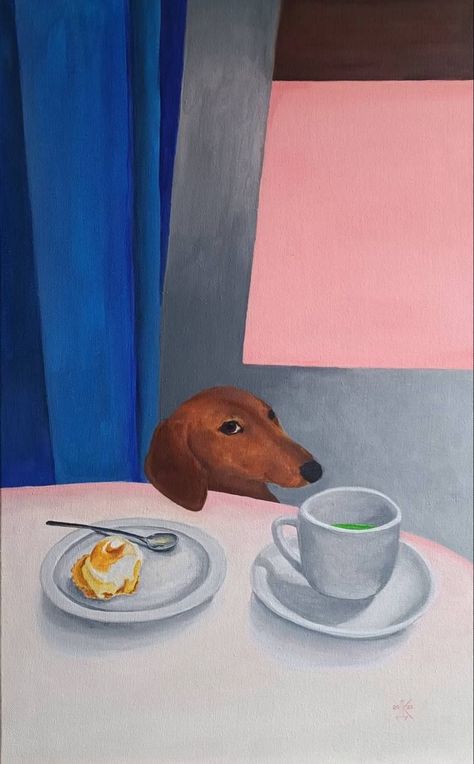 • ekaterina deryugina • Spain Acrylic Painting, Breakfast Painting Acrylic, Pink Breakfast, Pink Matcha, Dog Breakfast, Matcha Coffee, Wal Art, Dachshund Art, Lemon Pie