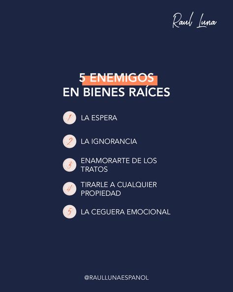 No hay inversionista más ciego que el que no quiere ver.  Y si no quieres ver que existen estos 5 enemigos que pueden terminar tu carrera, entonces serás cómplice de tu falta de éxito.    #Éxito #Futuro #Libertad #Riqueza #Liderazgo #Finanzas #Negocios #BienesRaíces #Inmobiliaria #RaulLunaEspanol #Emprendedores #LibertadFinanciera #Fórmula180 Inmobiliaria Ideas, Real Estate Fun, Real Estate Advertising, Real Estate Marketing, Finance, Digital Marketing, Real Estate, Social Media, Marketing