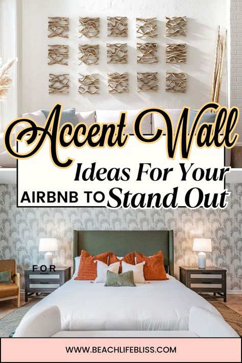 What are some creative ways to make your Airbnb listing stand out? An accent wall (or two) in the living room, bedrooms, or bathrooms will definitely catch potential guests eye when they’re scrolling looking for a place to stay! #Superhost #Airbnb #MakeMoney Airbnb Photo Op Wall, Air Bnb Bedroom Ideas Decor, Airbnb Room Ideas Guest Bedrooms, Air Bnb Ideas Decor Living Room, Air Bnb Ideas Decor, Superhost Airbnb, Small Space Bedroom Furniture, Bedroom Inspirations Cozy, Rental Renovation