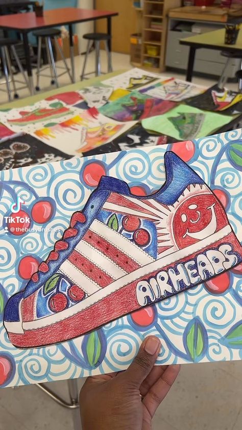 Mrs. Latimer’s Busy Brushes🖌🎨 on Instagram: “***EDIT*** Inspired by Beth Cadenver Dreyer’s Candy Themed Shoe Lesson in Elementary Art Facebook Group! *** This year I added a little…” Art Ideas For Intermediate Students, Candy Sneaker Art Lesson, Candy Shoes Art Project, Shoe Design Art Project, Art Class For Elementary Students, Shoe Design Art Lesson, Design A Shoe Art Project, Grade 8 Art Ideas, Art School Project Ideas