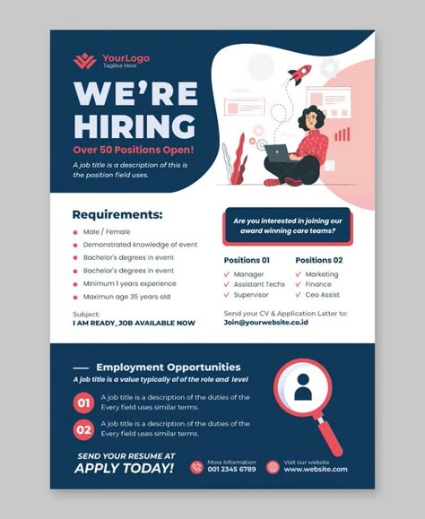 Job Vacancy Poster Template, Job Posting Template, Job Flyer Design, Job Ads Design, Business Flyers Designs, Recruitment Flyer Design, Job Offer Design, Job Hiring Poster Creative, Job Advertisement Poster