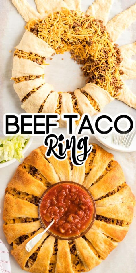 Crescent Roll Taco Ring, Taco Ring Recipe, Easy Crescent Roll Recipes, Taco Appetizers, Appetizer For A Crowd, Crescent Roll Recipes Dinner, Pillsbury Crescent Rolls, Taco Ring, Super Easy Appetizers