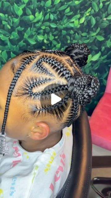 Toddlers and Tangles | I spy 🕵🏾‍♀️ with my little eyes 👀 KNOT ☝🏽 but ✌🏽hearts 💕. This #heart braided design features two buns with braids 💜💖   __________ 📸 photo... | Instagram Simple Girl Braids Hairstyles Kids Black, Kiddie Knotless Braids, Hair Braid Designs For Kids, Two Buns With Braids, Heart Braided Hairstyles For Kids, Braided 2 Ponytail Hairstyles, Kids Braided Bun Hairstyles Black, Heart Braid Styles For Kids, Braided Hairstyles Toddler