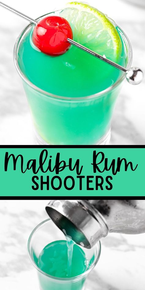 These Malibu rum shooters are the perfect shots to serve to guests at a summer party. A combination of Malibu coconut rum, mango juice and blue curaçao give these shots a fruity boost of tropical flavor. Ice Alcohol Drinks, Birthday Shots Alcohol, Coconut Rum Shots, Tropical Shots Recipes, Butter Ripple Schnapps Shots, Malibu Rum Shots, Hawaiian Drinks Alcoholic Luau Party, Malibu Rum Shots Recipes, Mardi Gras Shots Recipes