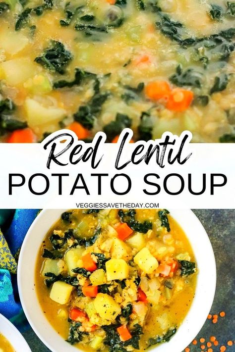 Lemony Red Lentil Potato Soup is hearty and filling. It's easy to make this vegan Mediterranean-inspired vegetable soup in about 45 minutes. It's a complete one-pot meal that's perfect for both weeknights and meal prep. Potato Recipes For Breakfast, Vegan Mediterranean Diet, Lentil Meatloaf, Lentil Potato, Lentil Potato Soup, Soups And Stews Recipes, Soup With Lemon, Cooking Red Lentils, Vegan Potato Recipes