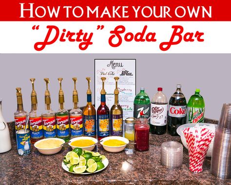 How to make your own dirty soda bar Flavored Soda Bar, Soda Bar Drink Stations, Dirty Soda Bar, Soda Bar Sign, Soda Fountain Bar, Soda Station, Girls Night Snacks, Soda Drinks Recipes, Italian Soda Bar