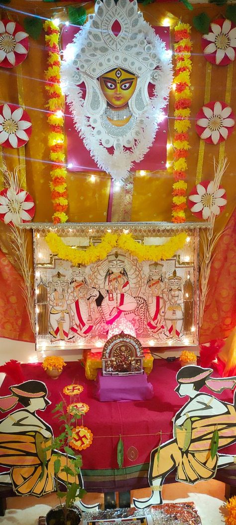 We decorated this puja mandap at home to celebrate Durga pooja Durga Puja Home Decoration, Durga Puja At Home, Durga Pujo Decoration At Home, Durga Pooja Decoration At Home, Durga Puja Decoration Ideas At Home, Puja Mandap Decoration, Durga Puja Theme, Durga Puja Decoration, Puja Mandap