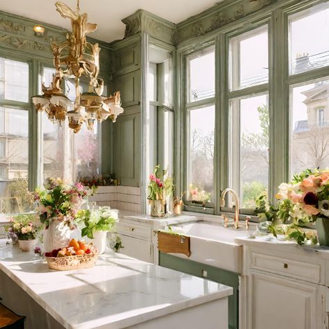 Paris Apartment Kitchen, French Parisian Kitchen, Parisian Style Kitchen, Feminine Apartment, Parisian Kitchen, Paris Kitchen, Paris Dream, Luxury Cottage, Coach House