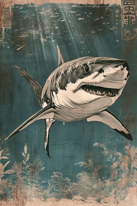 Shark art poster inspired in the style of Japanese-inspired motifs, He Jiaying, cardboard, RTX, Winslow Homer, cross-hatching. Vintage Shark Poster, Shark Posters, He Jiaying, Shark Poster, Shark Painting, Shark Pictures, Shark Design, Modern Graphic Art, Shark Art