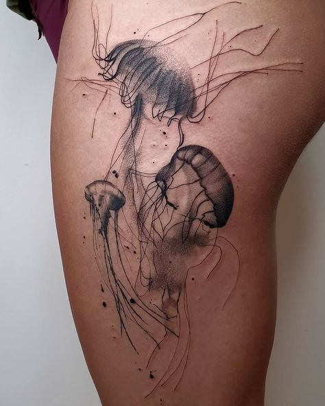 •Jellyfish• Thank you so much Camila . Berlin Booking Open contact@danibastos.com . . #jellyfishtattoo #jellyfish #legtattoo #blackworktattoo #berlintattooartist #berlintatoo #berlinart #finelinetattoo Jelly Fish Thigh Tattoo, Jellyfish Thigh Tattoo, Fish Hip Tattoo, Thigh Tattoo Ideas, Hip Thigh Tattoos, Jellyfish Tattoo, Berlin Art, Tattoo Board, Thigh Tattoos Women