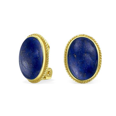 Gold Plated 925 Sterling Gemstone Oval Bezel Set Silver Rope Alloy Clip On Earrings Carat Size Chart, Lapis Stone, Lapis Jewelry, Silver Diamond Earrings, Cz Jewelry, Rope Design, Blue Lapis, Earrings Cute, Oval Cabochon