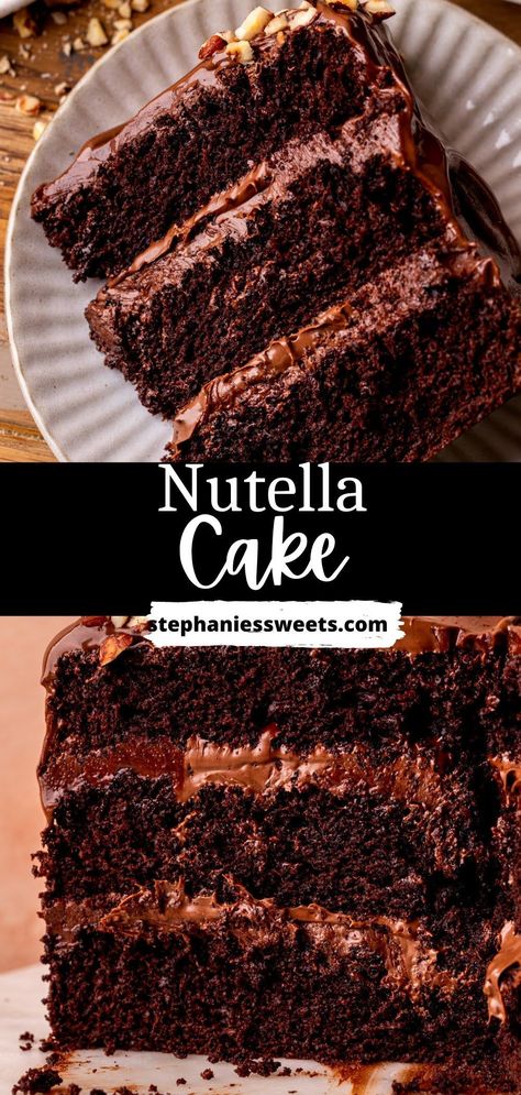 This Nutella cake is a moist chocolate layered cake with Nutella filling and a Nutella drip on top. It is the perfect combination of chocolate and Nutella flavor! Vanilla Cake With Nutella Filling, Chocolate Cake With Nutella Filling, Cake Recipes Peanut Butter, Nutella Cake Recipes, Cake With Nutella Filling, Three Chocolate Cake, Cake Chocolate Peanut Butter, Peanut Butter Chocolate Desserts, Easy Cake Mix Recipes