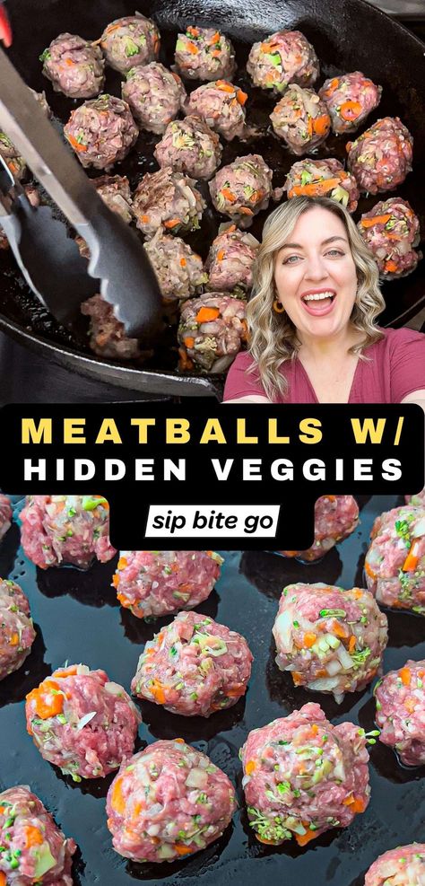 Try these tasty ground beef meatballs with veggies hidden right inside! They’re gluten free and packed with fresh veggies in each bite. They’re a lighter comfort food dish that’s great for family pasta night. Let’s make ‘em. | sipbitego.com Stove Top Meatballs, Healthy Beef Meatballs, Kids Meatball Recipe, Meatballs With Veggies, Vegetable Meatballs, Hidden Vegetable Recipes, Family Pasta, Healthy Meatballs, Ground Beef Meatballs