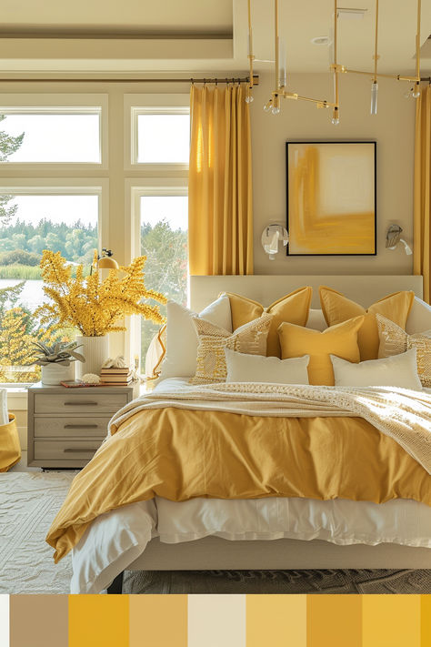 Explore paint shades from soft pastels to bold hues that transform your bedroom into a vibrant and inviting haven Yellow Master Bedrooms Decor, White And Yellow Home Decor, Yellow And White Bedroom Ideas, Bedroom With Yellow Accents, Yellow And White Bedroom, Yellow Room Aesthetic, Yellow Bedroom Aesthetic, Aphrodite Vibes, Yellow Bedrooms