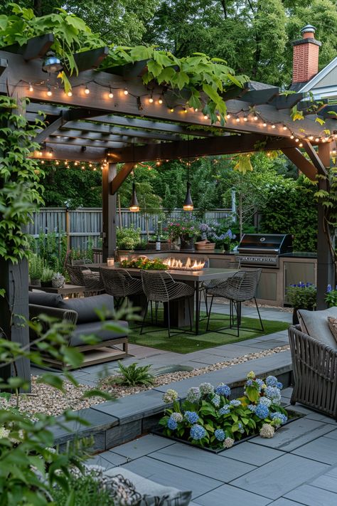 Create Your Dream Outdoor Oasis: Luxurious Seating & Alfresco Dining Under Twinkling Lights Pergola With Dining Table, Fire Pit And Dining Area Backyard, Cozy Pergola Ideas, Outdoor Kitchen Pergola Ideas, Pergola Fire Pit Ideas, Pergola Dining Area, Cozy Pergola, Dining Pergola, Gray Pavers